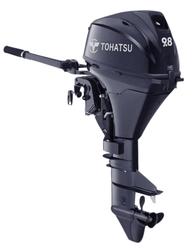 Zijaanzicht van Tohatsu 10 PK buitenboordmotor MFS9.9CY met stuurhendel, lichtgewicht en efficiënt voor kleine boten en vissersvaartuigen.