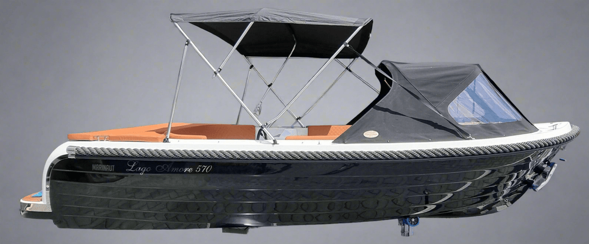 Zwarte Lago Amore 565 met buiskap en bimini, zijaanzicht