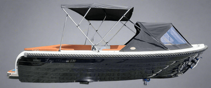 Zwarte Lago Amore 565 met buiskap en bimini, zijaanzicht