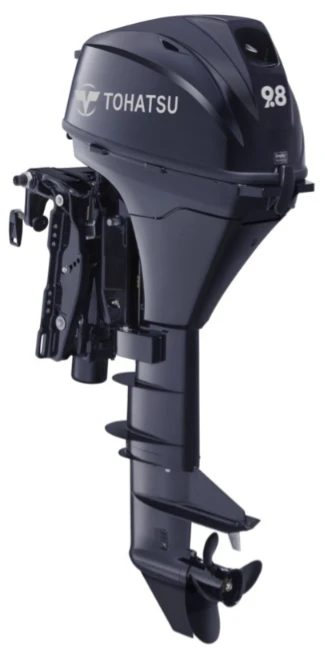Tohatsu 10 PK buitenboordmotor MFS9.8 met gestroomlijnd design en montagebeugel, ontworpen voor optimale waterprestaties en duurzaamheid.