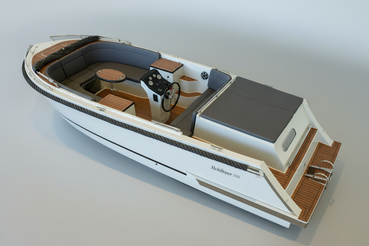 Reitdieper 735 Tender tendersloep met moderne afwerking, grijze kussens en houten dek, geschikt voor recreatief gebruik.