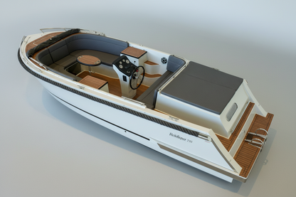 Reitdieper 735 Tender tendersloep met moderne afwerking, grijze kussens en houten dek, geschikt voor recreatief gebruik.