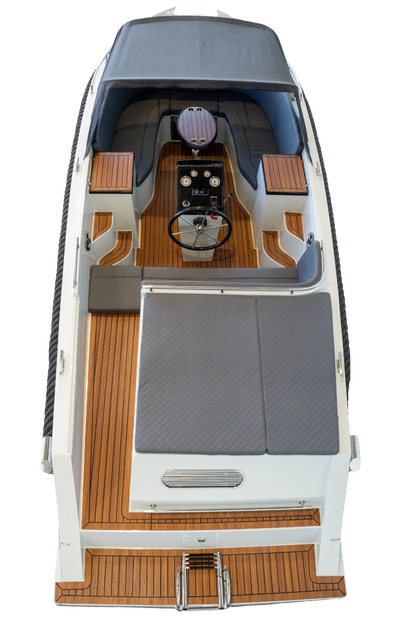 Bovenaanzicht van de Reitdieper 735 Tender met ruime zitplaatsen, stuurstand en zonnedek, perfect voor comfortabele vaartochten.